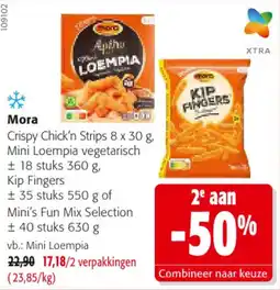 Colruyt Mora Crispy Chick'n Strips Mini Loempia Kip Fingers Mini's Fun Mix Selection aanbieding