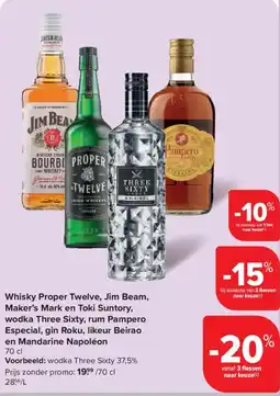 Carrefour Whisky Proper Twelve, Jim Beam, Maker's Mark en Toki Suntory, wodka Three Sixty, rum Pampero Especial, gin Roku, likeur Beira aanbieding