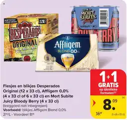 Carrefour Flesjes en blikjes Desperados Original, Affligem 0,0% en Mort Subite Juicy Bloody Berry aanbieding