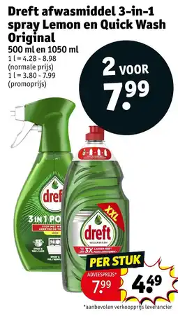 Kruidvat Dreft afwasmiddel 3-in-1 spray Lemon en Quick Wash Original aanbieding