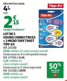Auchan lot de 3 souris correctrices + 1 micro tape twist tipp-ex aanbieding