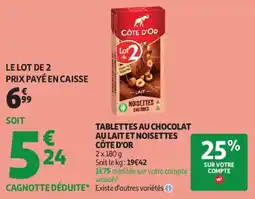 Auchan tablettes au chocolat au lait et noisettes côte d'or aanbieding