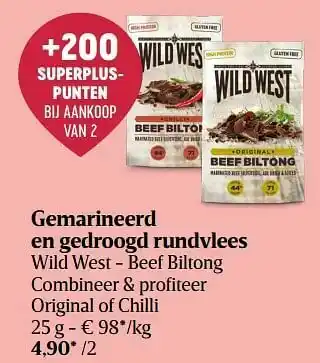 Delhaize Gemarineerd en gedroogd rundvlees wild west - beef biltong combineer + profiteer original of chilli aanbieding