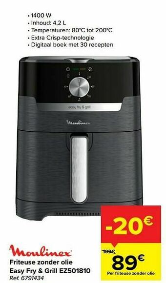 Carrefour Moulinex friteuse zonder olie easy fry + grill ez501810 aanbieding