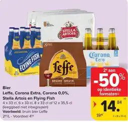 Carrefour Bier Leffe, Corona Extra, Corona 0,0%, Stella Artois en Flying Fish aanbieding