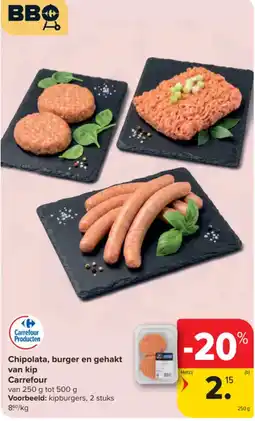 Carrefour Market Chipolata, burger en gehakt van kip aanbieding
