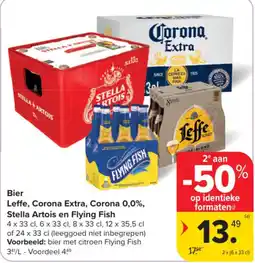 Carrefour Market Bier Leffe, Corona Extra, Corona 0,0%, Stella Artois en Flying Fish aanbieding