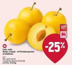 Delhaize Gele, rode, Reine-Claude- of Présidentpruim of abrikoos aanbieding