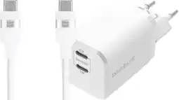 Coolblue BlueBuilt Power Delivery Oplader met 2 Usb C Poorten 65W + Usb C Kabel 3m Nylon Wit aanbieding