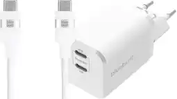Coolblue BlueBuilt Power Delivery Oplader met 2 Usb C Poorten 65W + Usb C Kabel 1,5m Nylon Wit aanbieding