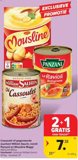 Carrefour Market Cassoulet of gegarneerde zuurkool William Saurin, ravioli Panzani en Mousline Maggi aanbieding