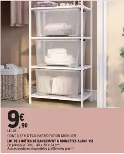 E.Leclerc lot de 3 boîtes de rangement à roulettes blanc 15l aanbieding