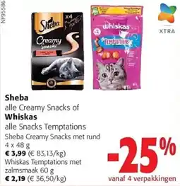 Colruyt Sheba alle Creamy Snacks of Whiskas alle Snacks Temptations aanbieding