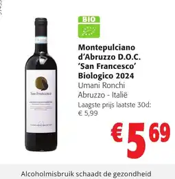 Colruyt Montepulciano d’Abruzzo D.O.C. ‘San Francesco’ Biologico 2024 aanbieding