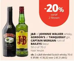 Spar J&B of Johnnie Walker whisky, Gordon's of Tanqueray gin, Captain Morgan rum of Baileys likeur aanbieding