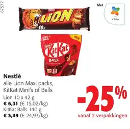 Colruyt Nestlé alle Lion Maxi packs, KitKat Mini's of Balls aanbieding