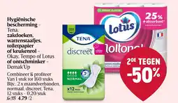 Delhaize Hygiënische bescherming - Tena, zakdoeken, wattenstaafjes, toilet papier of keukenrol - Okay, Tempo of Lotus of ontschminker aanbieding