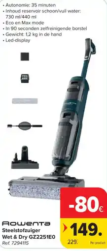 Carrefour Rowenta steelstofzuiger wet & dry gz2251e0 aanbieding