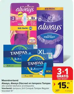 Carrefour Maandverband Always, Always Discreet en tampons Tampax aanbieding