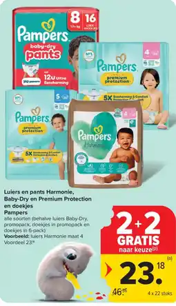 Carrefour Luiers en pants Harmonie, Baby-Dry en Premium Protection en doekjes Pampers aanbieding
