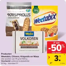 Carrefour Weetabix, Chivers, Krisprolls en Wasa aanbieding