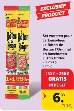 Carrefour Set worsten puur varkensvlees le baton de berger l'original en hazelnoten justin bridou aanbieding