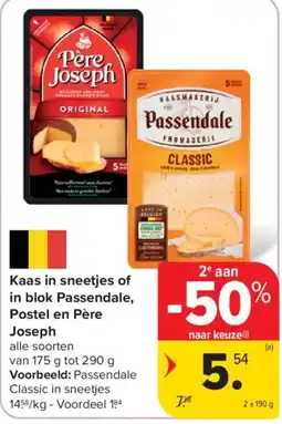 Carrefour Kaas in sneetjes of in blok Passendale, Postel en Père Joseph aanbieding