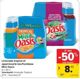 Carrefour Limonade tropical of appel/zwarte bes/framboos Mini Oasis aanbieding