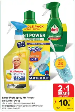 Carrefour Spray Dreft, spray Mr. Proper en Swiffer Disco aanbieding