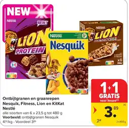Carrefour Ontbijtgranen en graanrepelen Nesquik, Fitness, Lion en KitKat Nestlé aanbieding