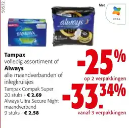 Colruyt Tampax volledig assortiment of Always aanbieding