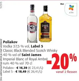 Colruyt Poliakov vodka label 5 classic black blended scotch whisky aanbieding