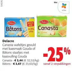 Colruyt Delacre wafeltjes gevuld met kaasmaak Gouda of Bâtons staafjes met kaasvulling Gouda aanbieding