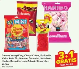 Carrefour Express Gamma snoep King, Chupa Chups, Fruit-tella, Vicks, Anta Flu, Maoam, Carambar, Napoléon, Haribo, Basset's, Look-O-Look, Stimor aanbieding