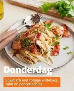 Colruyt Spaghetti met romige wittekool, zalm en pancettachips aanbieding