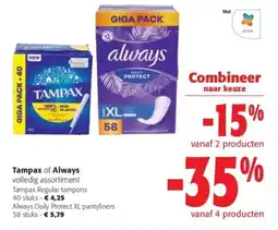 Colruyt Tampax of Always volledig assortiment aanbieding