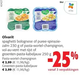 Colruyt Olvarit spaghetti bolognese of puree-spinazie-zalm of pasta-wortel-champignon aanbieding