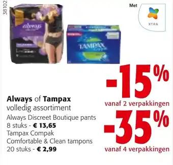 Colruyt Always of Tampax volledig assortiment aanbieding