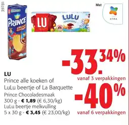 Colruyt Lu prince alle koeken of lulubeertje of la barquette prince chocoladesmaak aanbieding