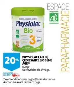 Auchan Physiolac lait de croissance bio 3eme age aanbieding