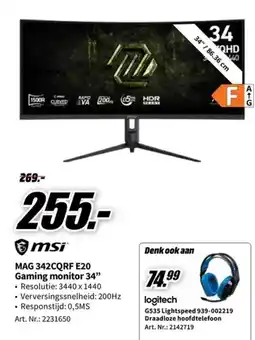 MediaMarkt msi mag 342cqr e20 gaming monitor 34" aanbieding