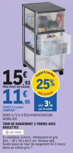 E.Leclerc tour de rangement 3 tiroirs avec roulettes aanbieding