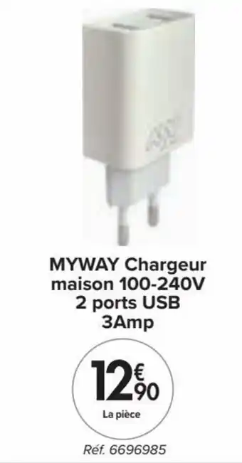 Carrefour Myway Chargeur maison 100-240V 2 ports USB 3Amp aanbieding