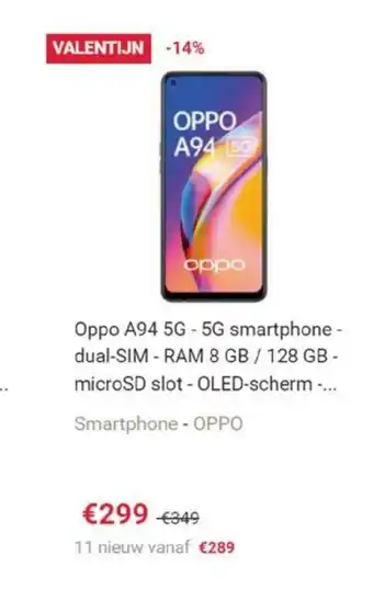 Valentijn Oppo A94 5G - 5G smartphone-dual-SIM- RAM 8GB/ 128 GB microSD slot- OLED-schem