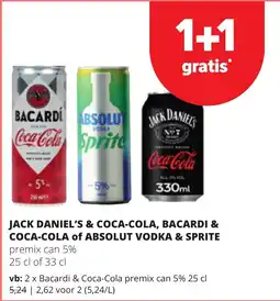 Spar Jack daniel's & coca-cola, bacardi & coca-cola of absolut vodka & sprite aanbieding