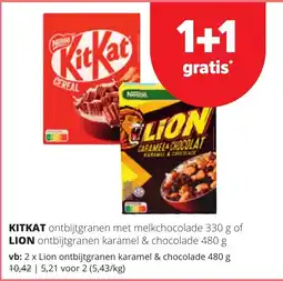 Spar Kitkat ontbijtgranen met melkchocolade of lion ontbijtgranen karamel & chocolade aanbieding