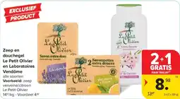Carrefour Zeep en douchegel Le Petit Olivier en Laboratoires Vendôme aanbieding