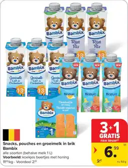 Carrefour Snacks, pouches en groeimelk in brik Bambix aanbieding