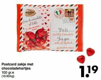 Wibra Postcard zakje met chocoladehartjes aanbieding