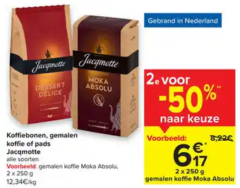 Carrefour Market Koffiebonen, gemalen koffie of pads Jacqmotte 2x250g aanbieding